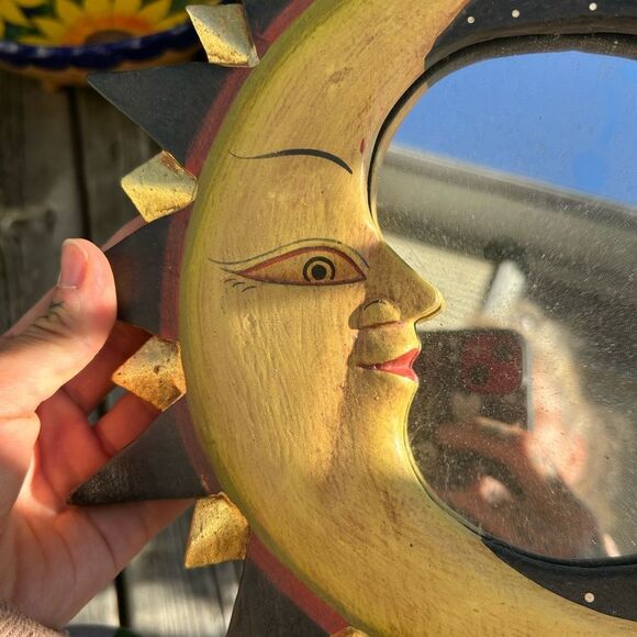 Vintage Wooden Celestial Sun, Moon and stars Wall Mirror from Indonesia 13" - Picture 14 of 16